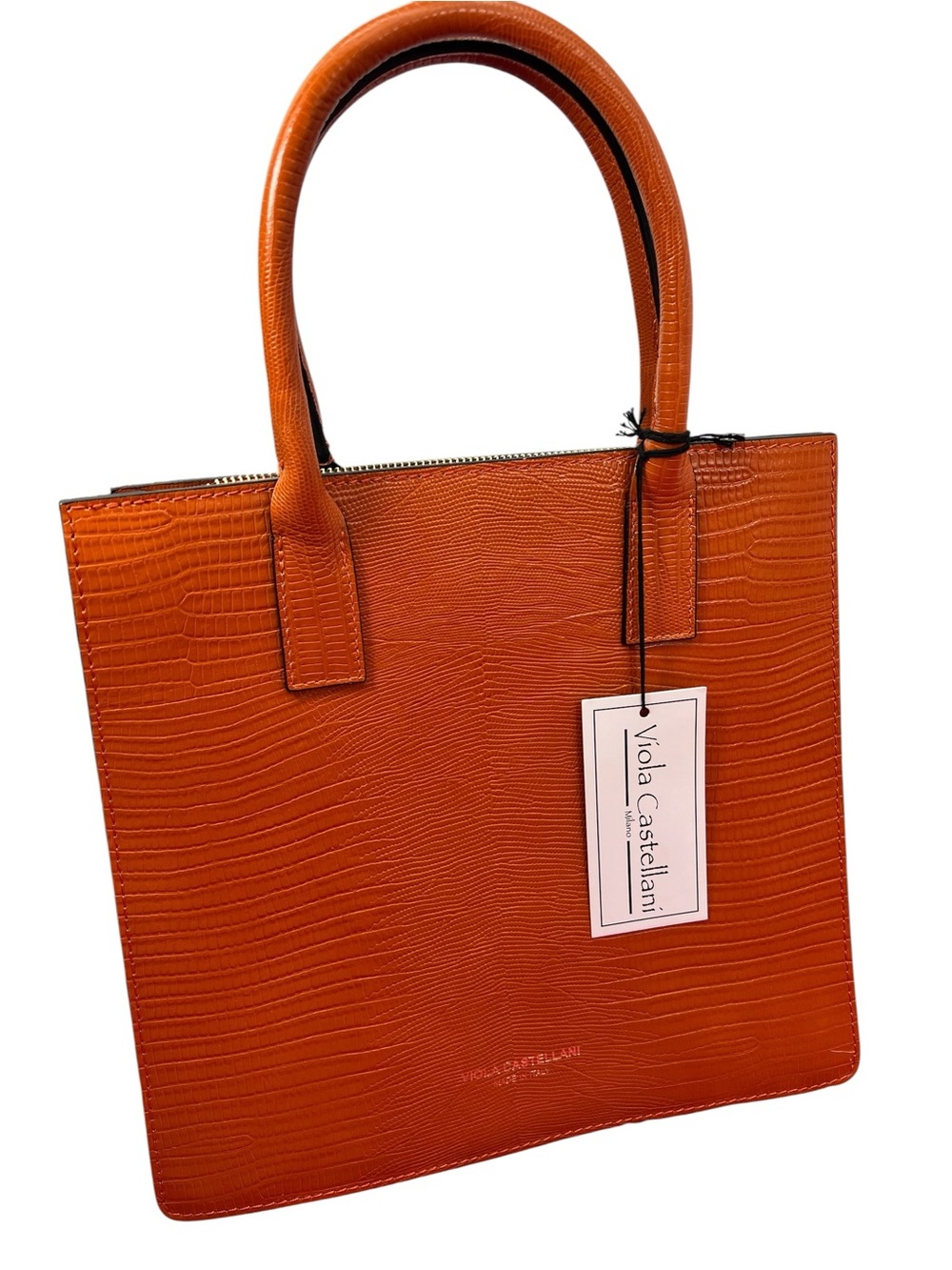 Structured Croc-Embossed Orange Tote with Top Handles